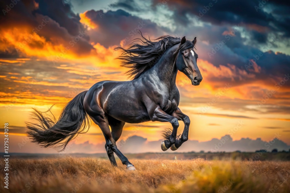 Sunset silhouettes a powerful Friesian horse in a breathtaking gallop, depth of field emphasizing its speed. Sunset silhouettes a powerful Friesian horse in a breathtaking gallop, depth of field emphasizing its speed.