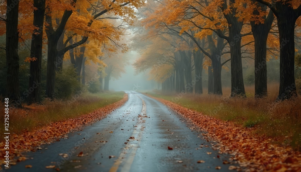 Obraz premium Rainy autumn day on country road with golden trees. Wet asphalt, fallen leaves create moody fall season scenery. Adventure journey in vibrant nature. Ecotourism destination.