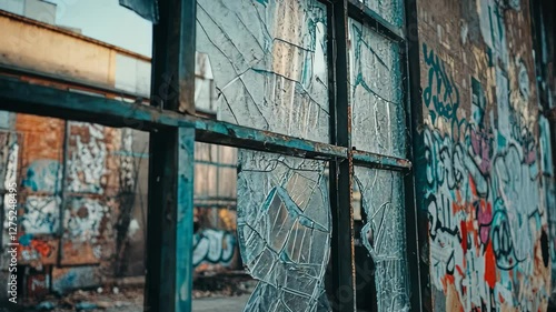 Exploring an abandoned industrial building decorated with vibrant graffiti in a decaying urban environment, Abandoned, graffiti covered industrial building with broken windows