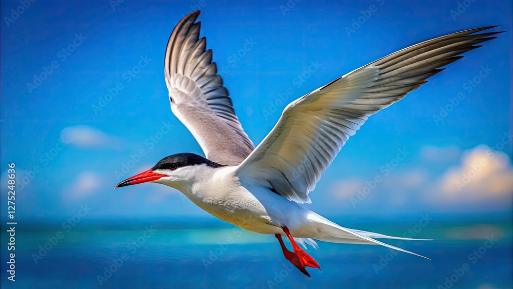 Obraz premium Wildlife photography: Common Tern in flight, wings outstretched, a pristine blue sky backdrop.