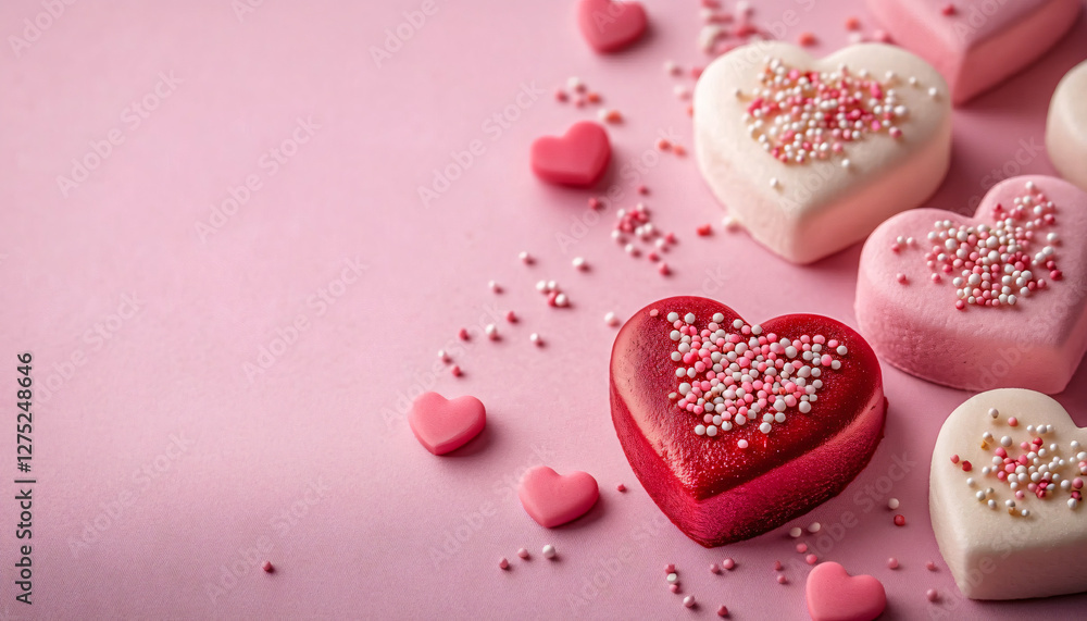 Fototapeta premium Delicately arranged heart-shaped desserts with pastel sprinkles create a romantic atmosphere, ideal for Valentine's Day, weddings, or sweet celebrations.