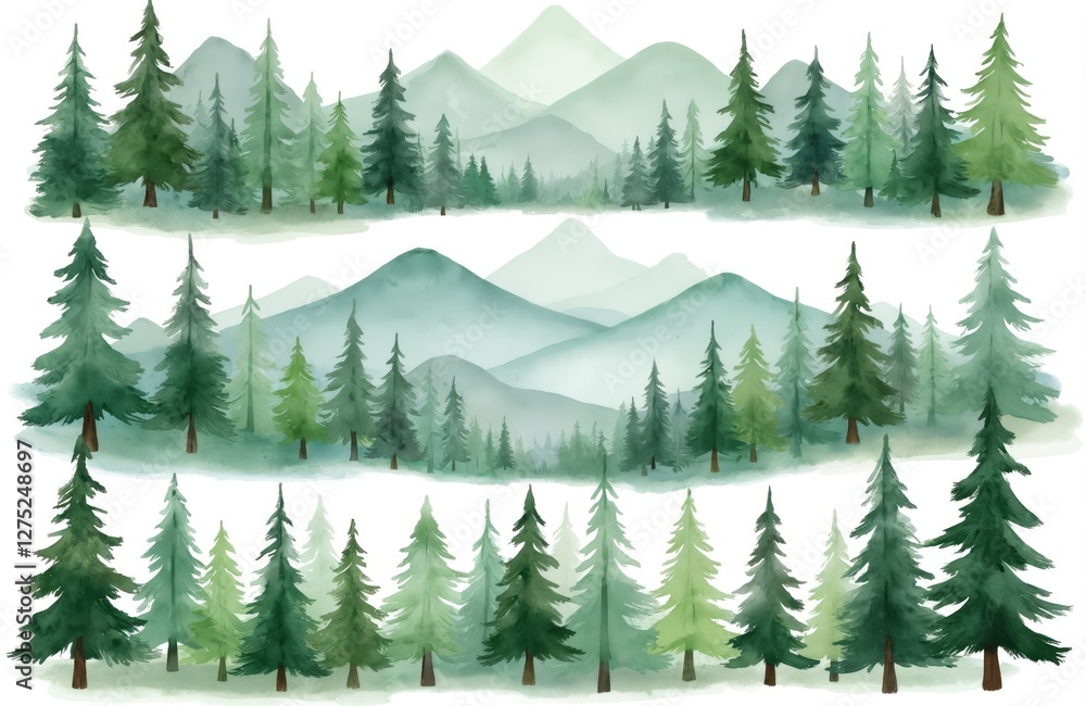 Fototapeta premium Watercolor forest clip art set features various green tone trees, mountains on white backgrounds. Woodland nature illustration great for posters, wallpapers, cards and backgrounds.