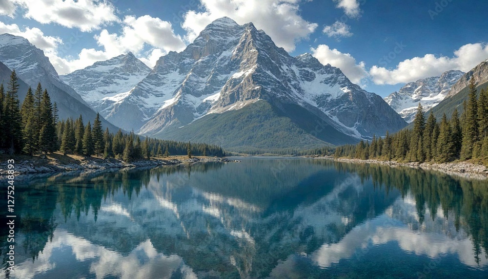 Fototapeta premium Mountain Range Reflected in Calm Lake Amid Evergreens