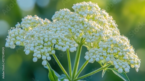 White flower cluster, garden bloom, sunset light, blurred background, nature poster photo