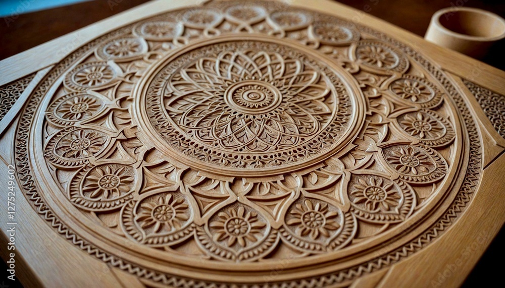 Obraz premium Intricate Carved Wooden Table Close-Up