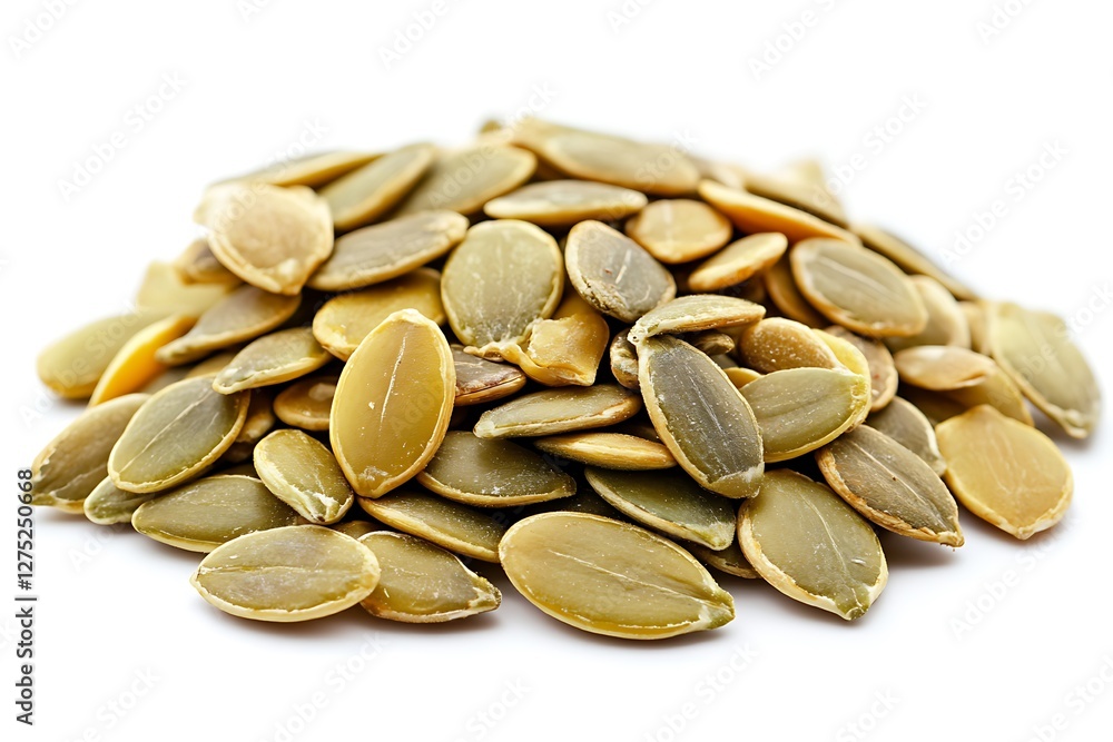 Pumpkin seeds pile, white background, healthy food Pumpkin seeds pile, white background, healthy food