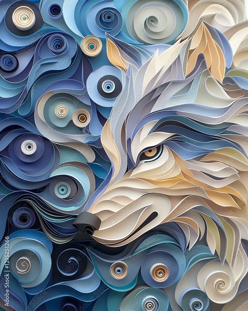 A beautiful paper art depiction of a wolf surrounded by swirling blue designs. A beautiful paper art depiction of a wolf surrounded by swirling blue designs.