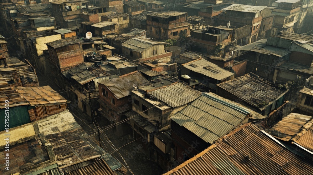 Aerial View of Urban Slum with Dense Housing and Weathered Roofs Aerial View of Urban Slum with Dense Housing and Weathered Roofs