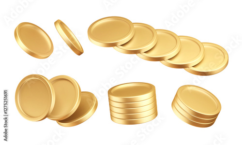 3d golden coins. Stacks and layouts of golden money. Finance cartoon elements. Vector illustration. Earning, capital, bank deposit objects. Investment, savings icons.