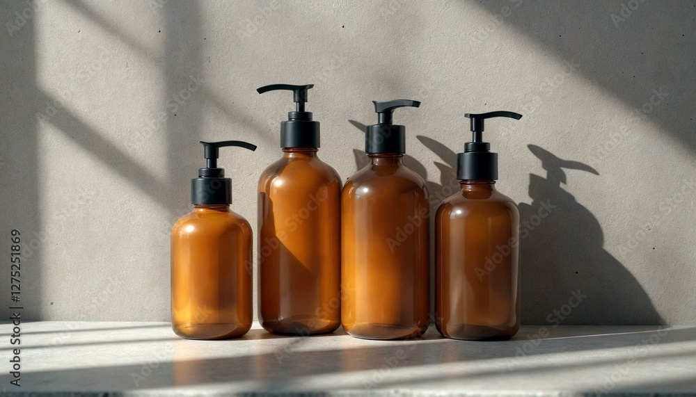Amber Bottles with Black Pumps on Concrete Wall Amber Bottles with Black Pumps on Concrete Wall