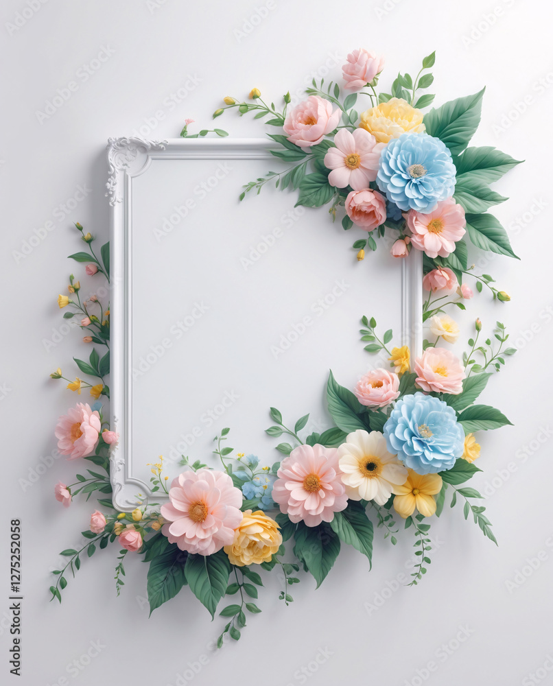 Soft pastel flowers arranged around a white tray for showcasing decorative designs and creative photography ideas for Copyspace and Text Background Soft pastel flowers arranged around a white tray for showcasing decorative designs and creative photography ideas for Copyspace and Text Background