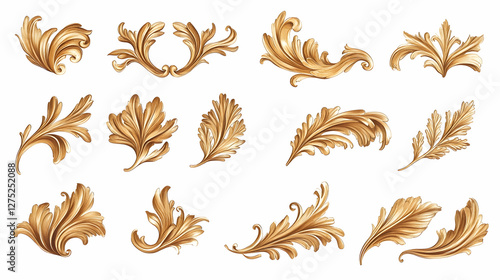 Golden acanthus leaf design elements; ornate, decorative; white background; design resource