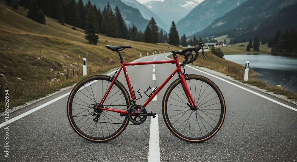 Fototapeta premium A sleek road bicycle with a lightweight frame, leaning against a scenic mountain road.