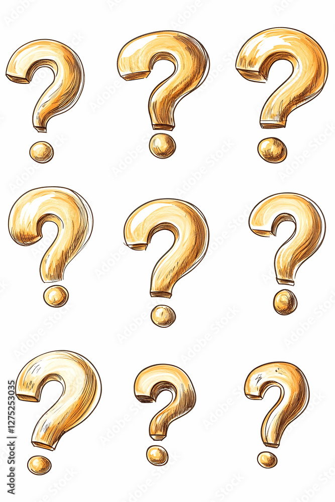 Golden question marks, various angles, white background, graphic design Golden question marks, various angles, white background, graphic design
