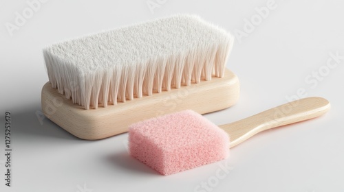 Wooden cleaning brushes on white background, studio shot photo