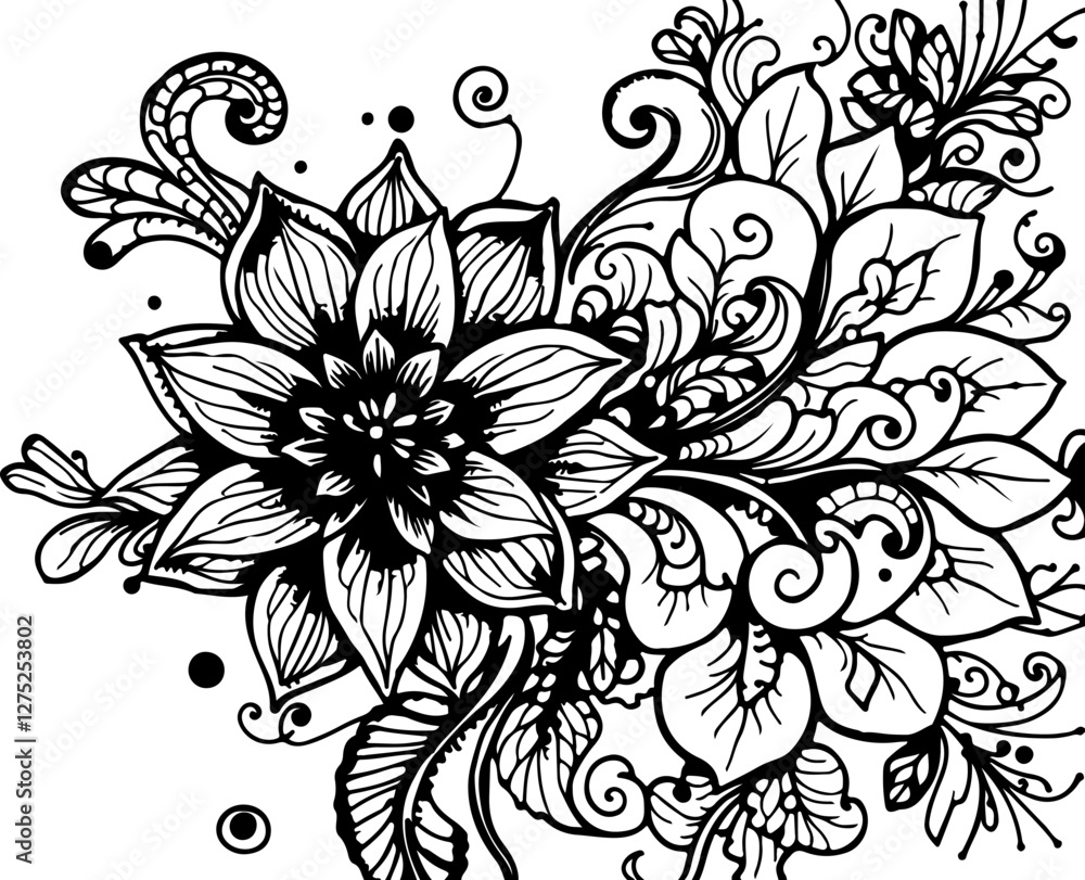 Fototapeta premium black and white design of a flower with leaves, seemingly