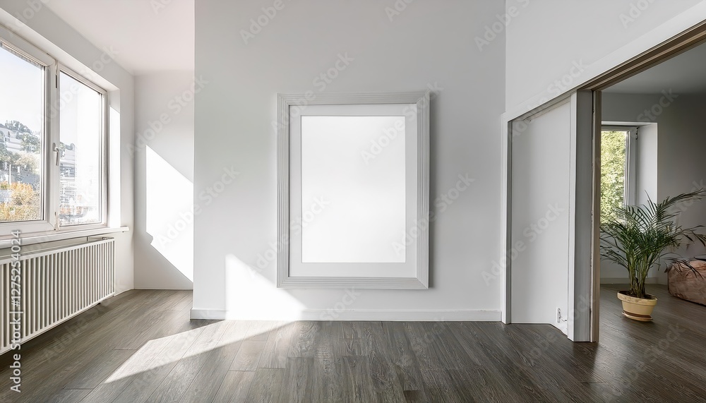 Minimalist White Poster Frame Mockup in a Bright and Spacious Loft Setting, Perfect for Showcasing Artwork or Photography Against a Clean Backdrop. Minimalist White Poster Frame Mockup in a Bright and Spacious Loft Setting, Perfect for Showcasing Artwork or Photography Against a Clean Backdrop.