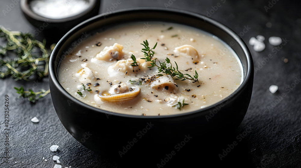 Sleek Modern Presentation of New England Clam Chowder in a Rustic Setting Sleek Modern Presentation of New England Clam Chowder in a Rustic Setting