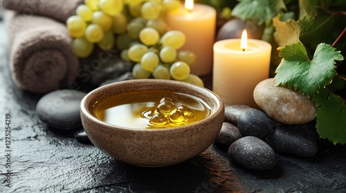 Aromatherapy Spa Scene with Olive Oil, Stones, Candles, and Grapes