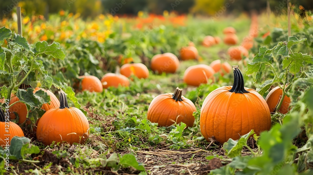 Pumpkin Field with Ripe Pumpkins in Autumn Pumpkin Field with Ripe Pumpkins in Autumn