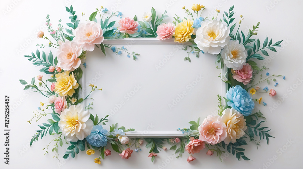 Soft pastel flowers surrounding a white tray for creative and delicate product display photography shots for Copyspace and Text Background Soft pastel flowers surrounding a white tray for creative and delicate product display photography shots for Copyspace and Text Background