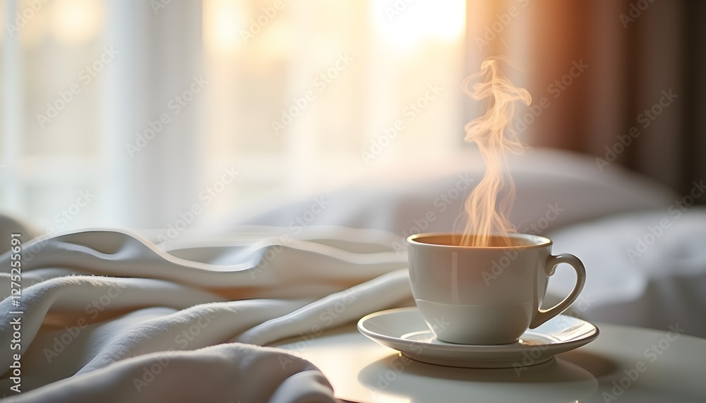 Steaming cup of coffee on a cozy morning bedside table Steaming cup of coffee on a cozy morning bedside table