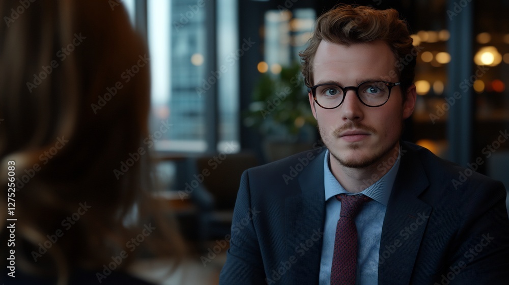 Fototapeta premium Confident Young Businessman in Suit Answering a Question