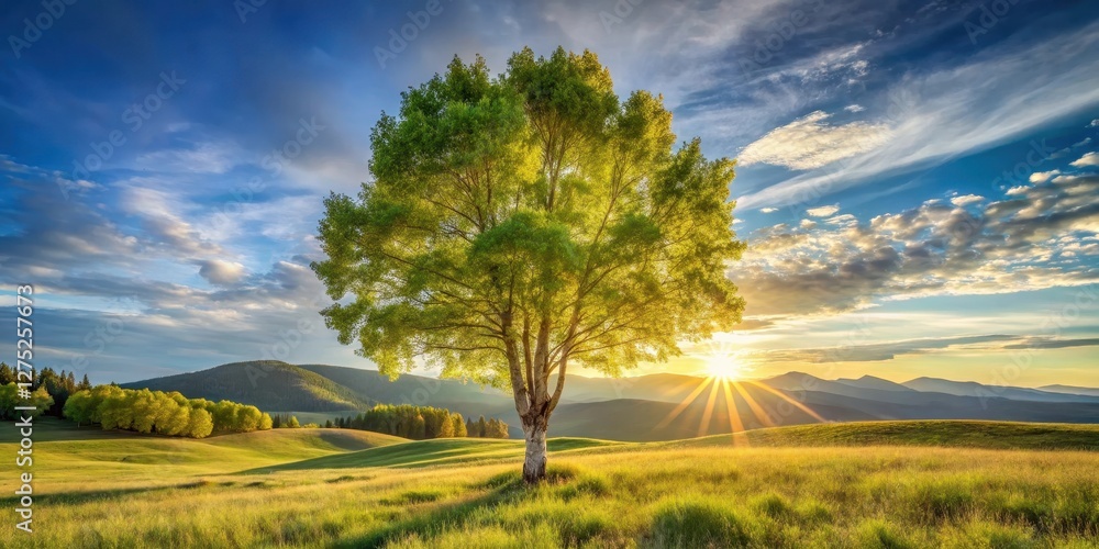 Fototapeta premium Serene Sunset Landscape Featuring a Single Deciduous Tree in a Rolling Meadow Under a Vivid Sky