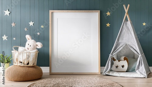 Nursery Digital Mockup A Serene 3D Rendering of a Vibrant Nursery Frame Showcasing Soft Pastels and Whimsical Textures in a Cozy Childrens Space, Perfect for Artwork, Home Decor, or Design photo