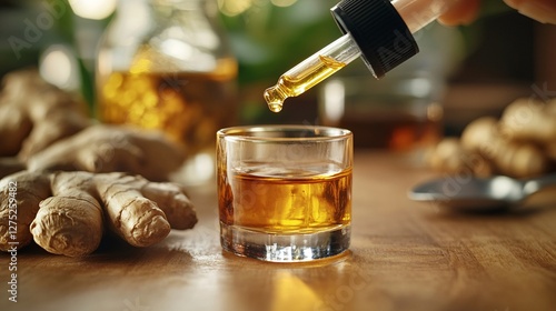 Ginger Root Extract with Dropper in Glass on Wooden Table