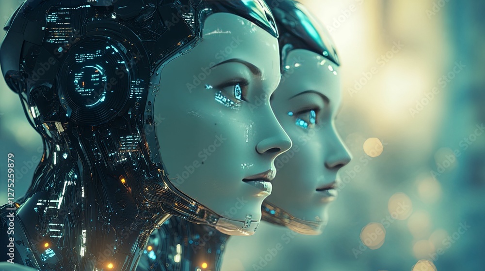 Two Advanced Female Robots Stand Side By Side