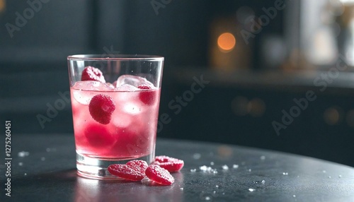 Wallpaper Mural Red Drink with Ice and Raspberries on Dark Table Torontodigital.ca