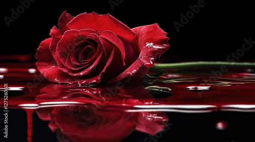 Fototapeta kuchenna Red rose in blood puddle, dark background, gothic imagery, romance