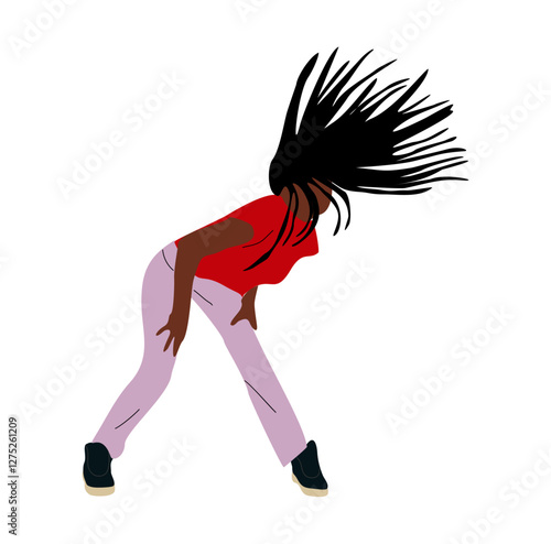 Young black woman dressed in trendy street fashion clothes dancing at club or music concert. Pretty african american girl having fun at dance party. Flat colorful vector illustration isolated 