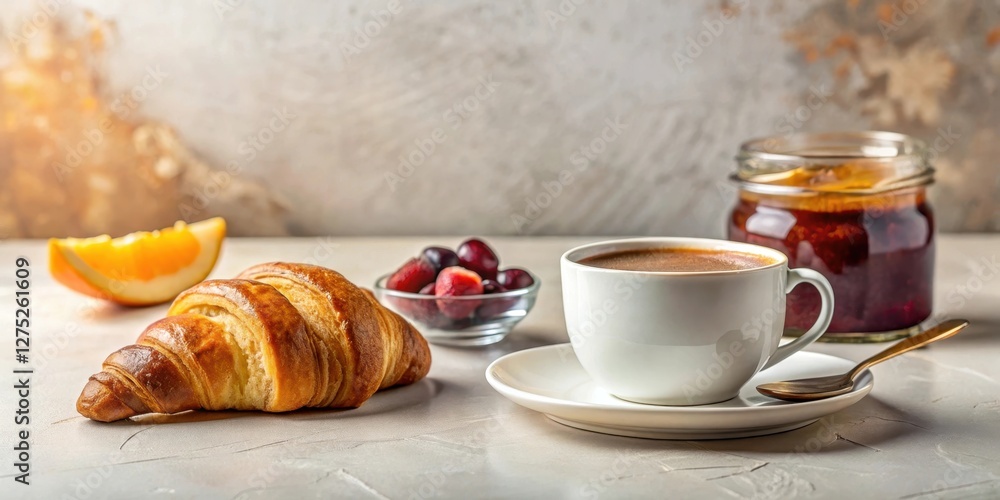 A delightful morning breakfast scene featuring a freshly baked croissant, a cup of aromatic coffee, a bowl of sweet berries, and a jar of fruit preserves A delightful morning breakfast scene featuring a freshly baked croissant, a cup of aromatic coffee, a bowl of sweet berries, and a jar of fruit preserves