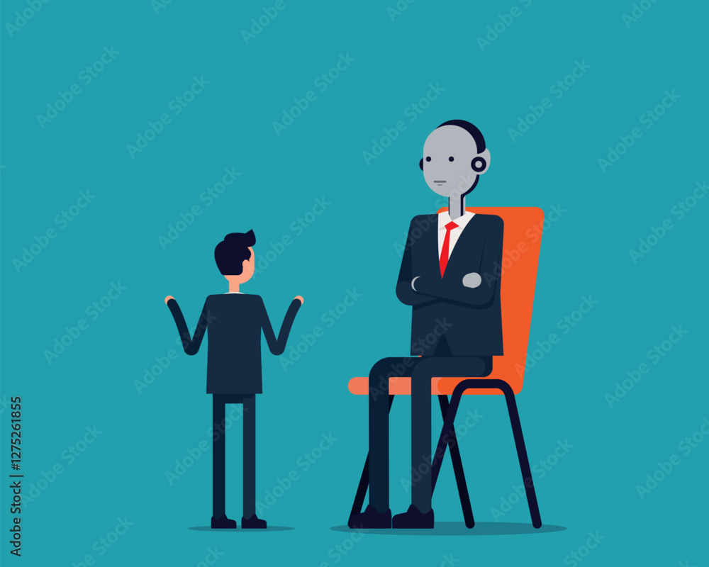 AI technology superiority. Artificial intelligence looking down at small employees