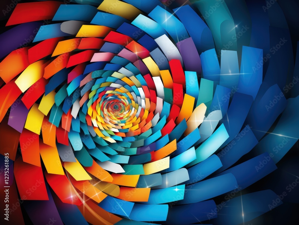 Obraz premium Colorful Spiral Design with Geometric Tiles and Sparkles for Abstract Backgrounds or Web Graphics