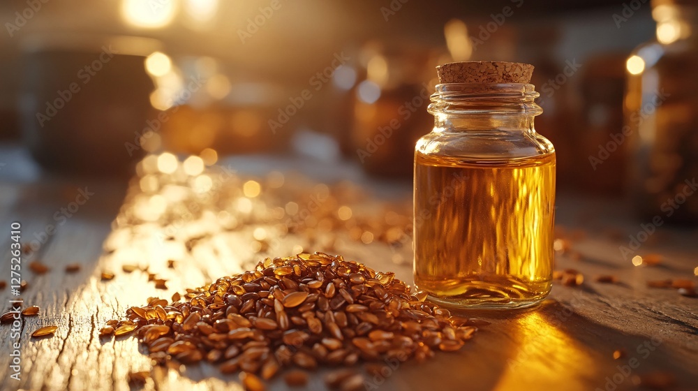 Glass Jar of Oil with Spill of Seeds on Rustic Table Surface Glass Jar of Oil with Spill of Seeds on Rustic Table Surface