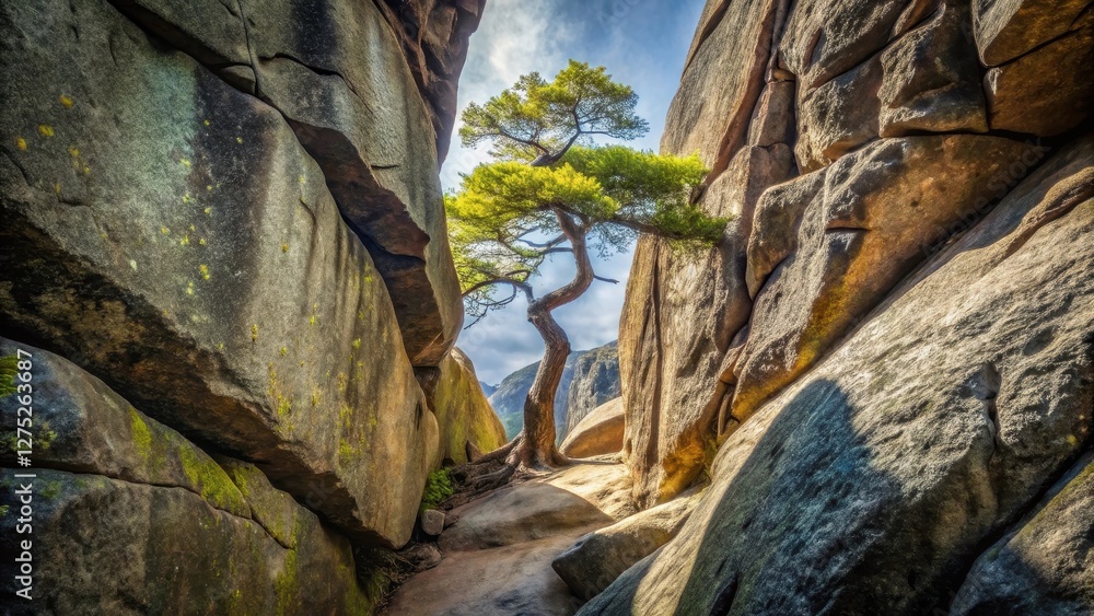 Fototapeta premium A Resilient Tree Flourishes Amidst Imposing Rock Formations, Sunlight Illuminating a Scenic Path