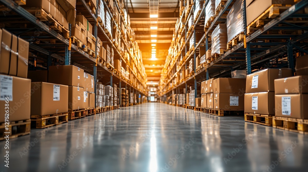 Warehouse aisle with stacked cardboard boxes; logistics, distribution, storage Warehouse aisle with stacked cardboard boxes; logistics, distribution, storage