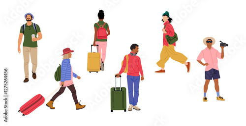 Set of different tourist Characters, men and women with Suitcases And Bags, camera, coffee cup walking side, front, back, rear view. Concept for Travel and vacation. Cartoon People Vector Illustration