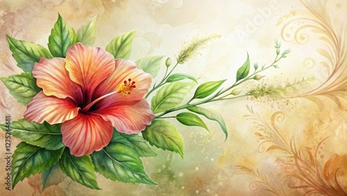 A Delicate Watercolor Painting of a Peach Hibiscus Flower with Lush Green Foliage and Ornate Background