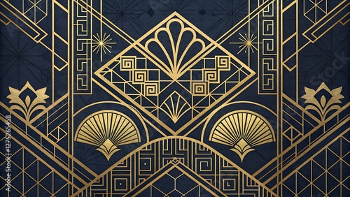 Elegant Art Deco Geometric Pattern in Gold on a Dark Navy Background striking and timeless Art Deco-inspired pattern featuring intricate geometric designs in radiant gold against a deep navy blue photo