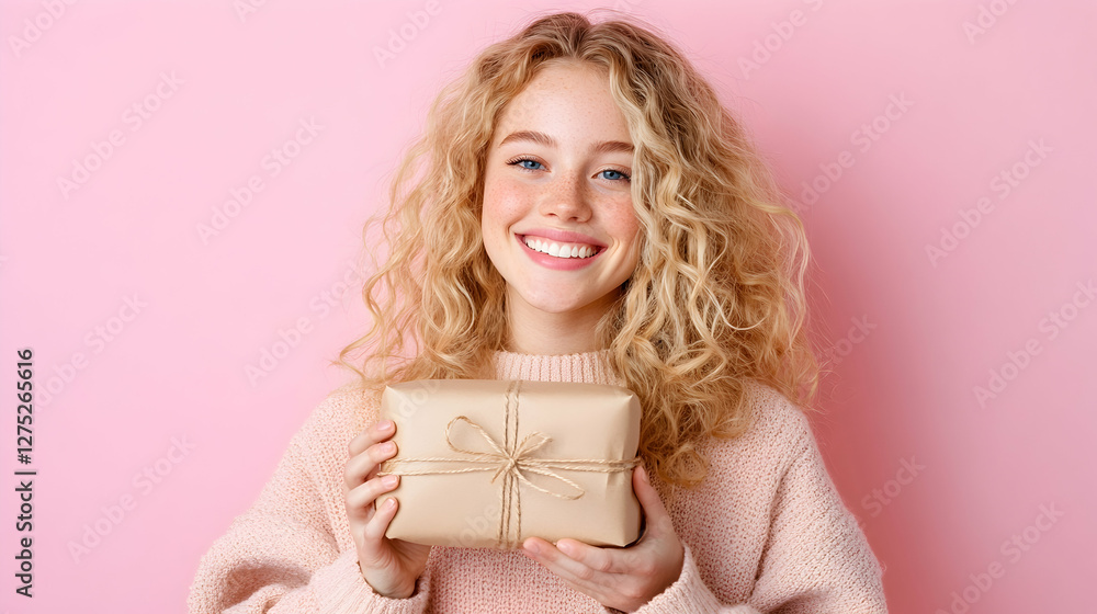 Happy blonde girl holding gift, pink background Happy blonde girl holding gift, pink background