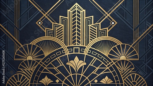 Elegant Art Deco Geometric Pattern in Gold on a Dark Navy Background striking and timeless Art Deco-inspired pattern featuring intricate geometric designs in radiant gold against a deep navy blue photo