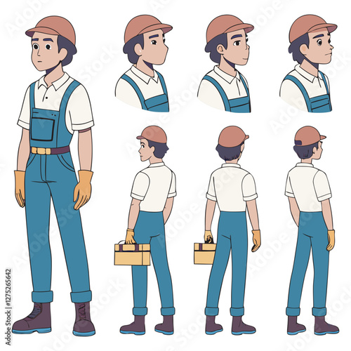 Handyman, repair worker, and plumber in uniform vector illustration. Character constructor for animation. Front, side, and back view set. Body parts, postures, poses collection.