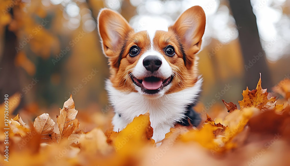 Happy corgi in autumn leaves, forest background, pet portrait Happy corgi in autumn leaves, forest background, pet portrait
