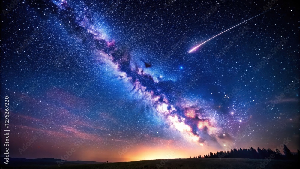 Fototapeta premium Night Sky Panorama Majestic Milky Way Galaxy Arching Over a Serene Landscape with a Shooting Star