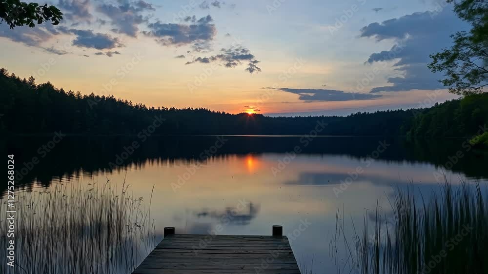 Evening time lapse over serene lake with dock and lush forest reflections, evening in the lake seamless ing time-lapse virtual video background Evening time lapse over serene lake with dock and lush forest reflections, evening in the lake seamless ing time-lapse virtual video background