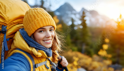 Happy hiker selfie, autumn mountains, backpack, travel